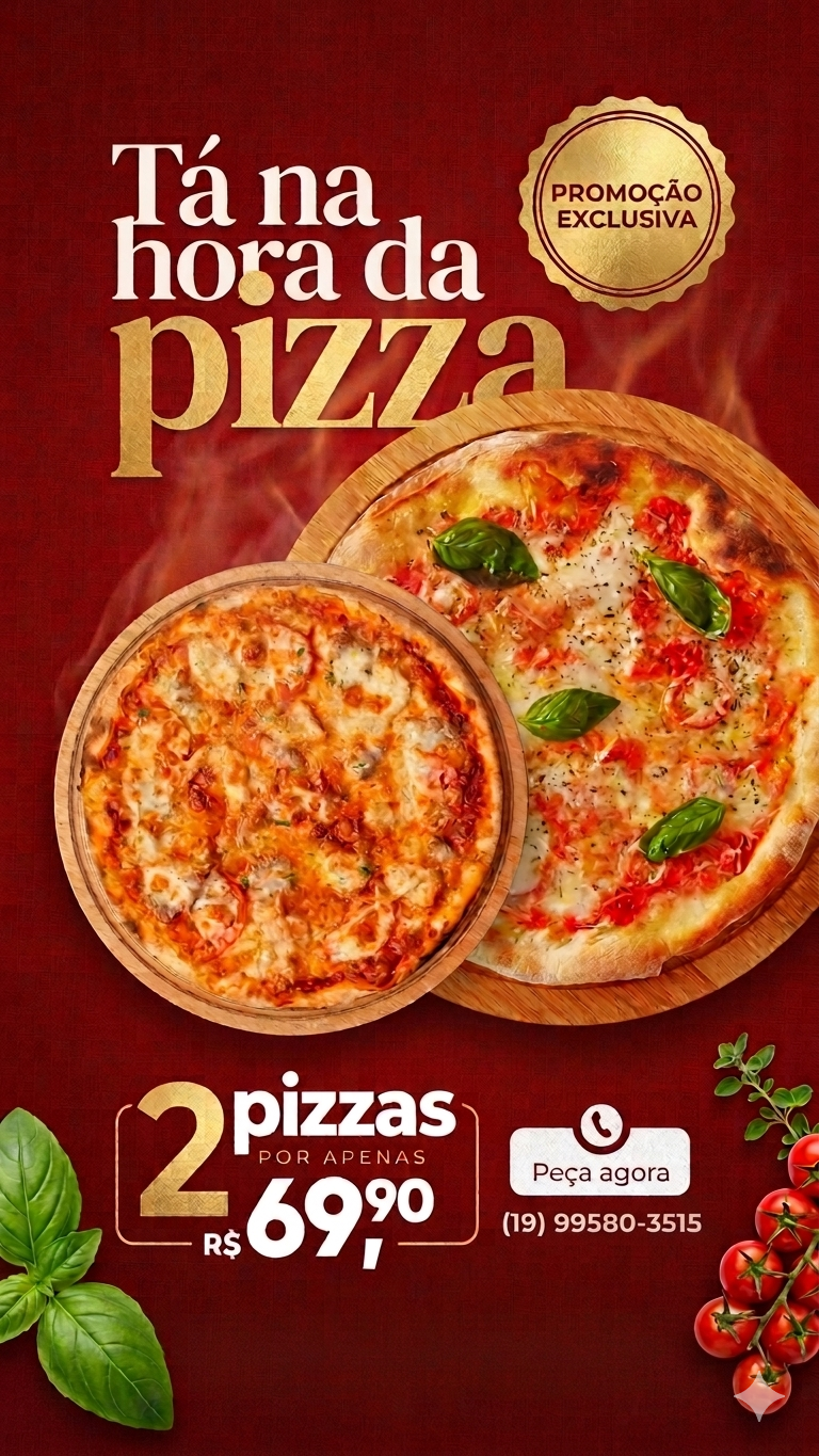 Pizza artesanal A Dupla Imbatível da Marinho Pizzaria, sua pizzaria Limeira com pizza delivery Limeira/SP. Pizza A Dupla Imbatível — 2 pizzas grandes (8 pedaços cada) com seus sabores favoritos | Marinho Pizzaria — pizzaria Limeira e pizza delivery Limeira/SP